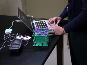 anthropologist working on laptop with lab equipment